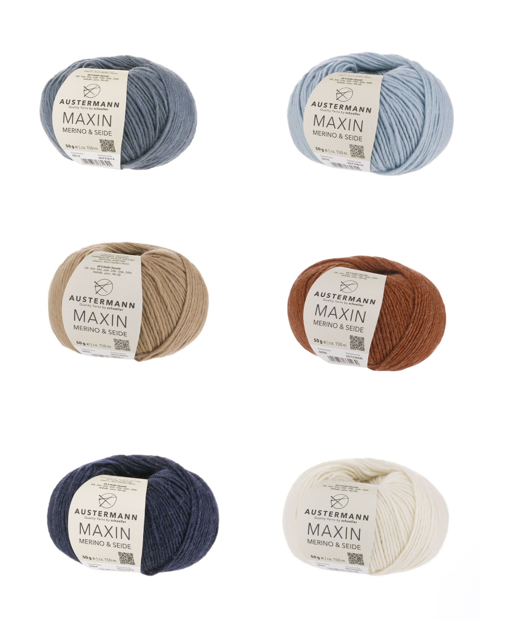 Sechs Wollknäuel in Blau, Braun, Beige, Weiß. Merino-Seidengemisch, ideal für handgemachte Kreationen.