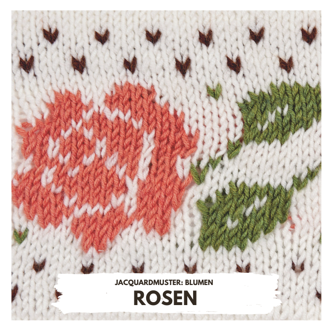 Handgemacht, florales Jacquardmuster in zarten Farbtönen auf gestricktem Stoff; Rosenmotiv mit Blattakzent.