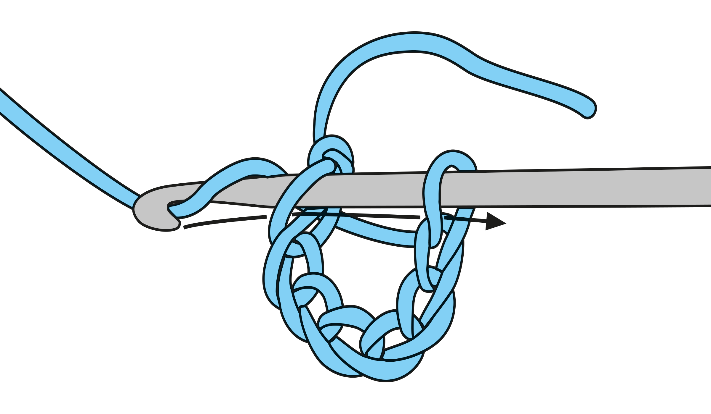 Blaues Garn im Häkelmuster, kreativ und handgemacht. Moderne DIY-Handarbeit mit grauer Häkelnadel.