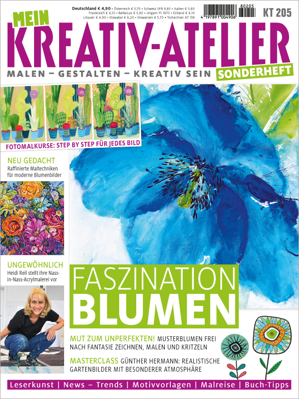 Großformatige, blaue Blume, künstlerisch gemalt. Lebendige Farben; modisch, handgemacht mit floralem Muster.