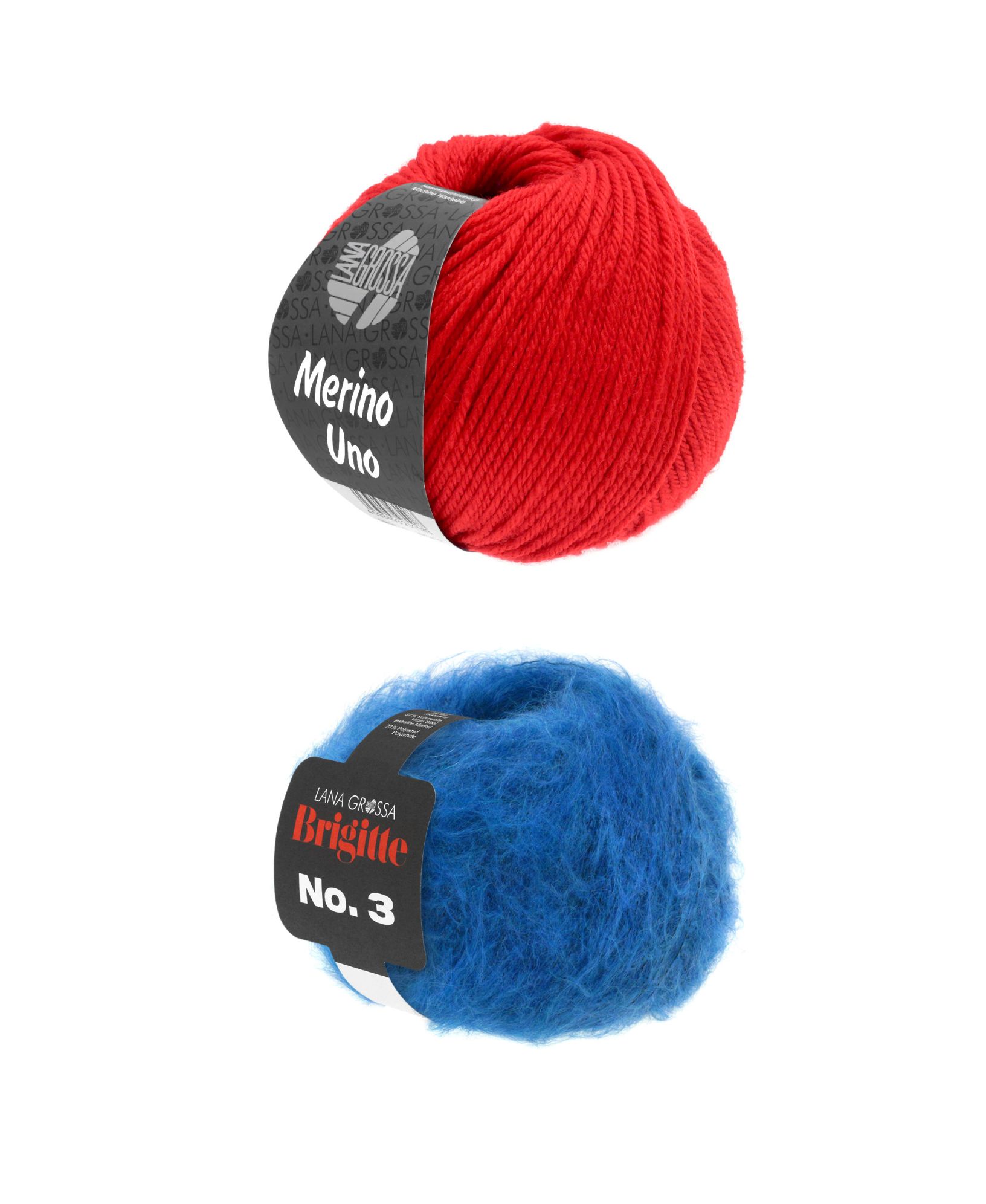 Leuchtend rotes Merinogarn und flauschiges blaues Garn, ideal für modische, handgemachte DIY-Projekte.