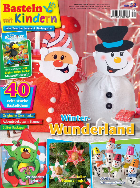 DIY-Deko in leuchtenden Farben. Rote und weiße Texturen, einfacher Schnitt. Niedliche Schneemänner, handgemacht.