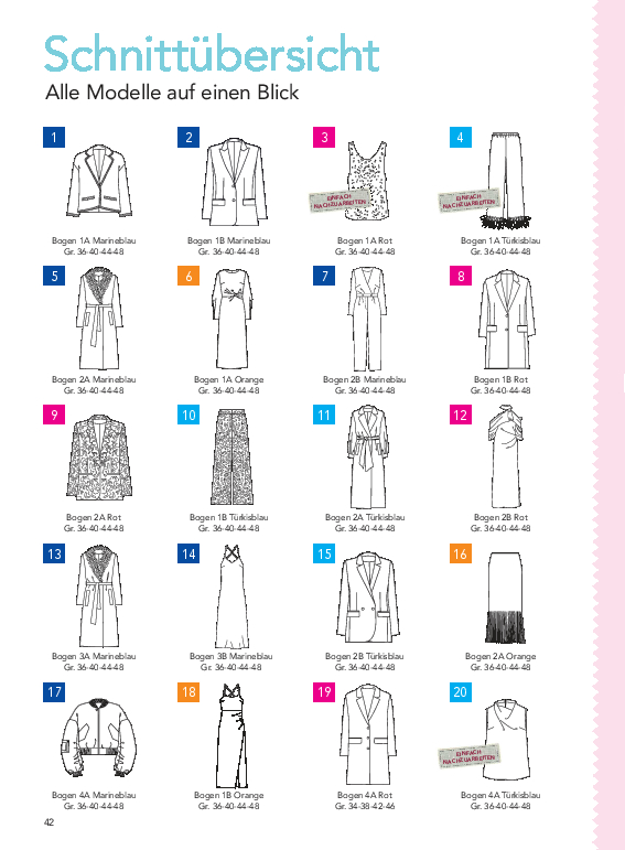 Modische, handgemachte Designs: Anzüge, Kleider, Westen. Vielfältige Muster und Schnitte in Blau, Rot, Orange, Türkis.