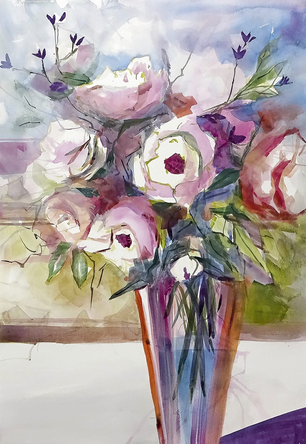 Farbenfrohes Blumen-Aquarell; weiche rosa-weiß Töne, fließende Strukturen, künstlerisch, handgemalt.