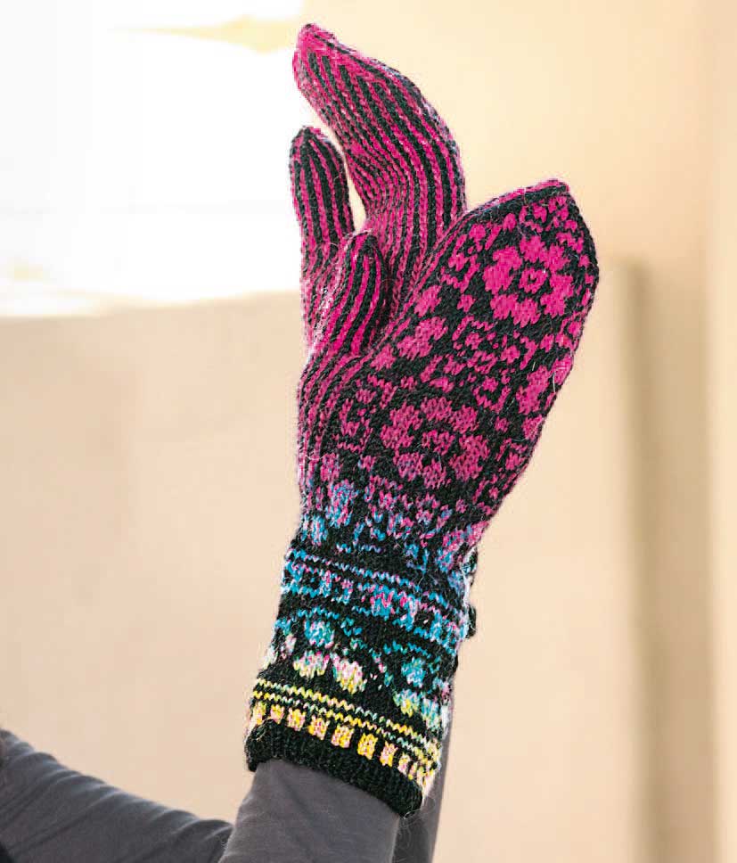 Modische, handgestrickte Handschuhe in Pink-Schwarz mit Blumenmustern und farbenfrohem Bündchen.