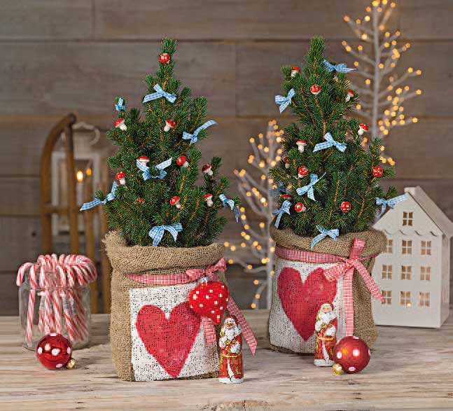 Mini-Tannenbäume in Jutesäcken mit roten Herzen, verziert mit blauen Schleifen und roten Holzperlen. DIY-Charme.