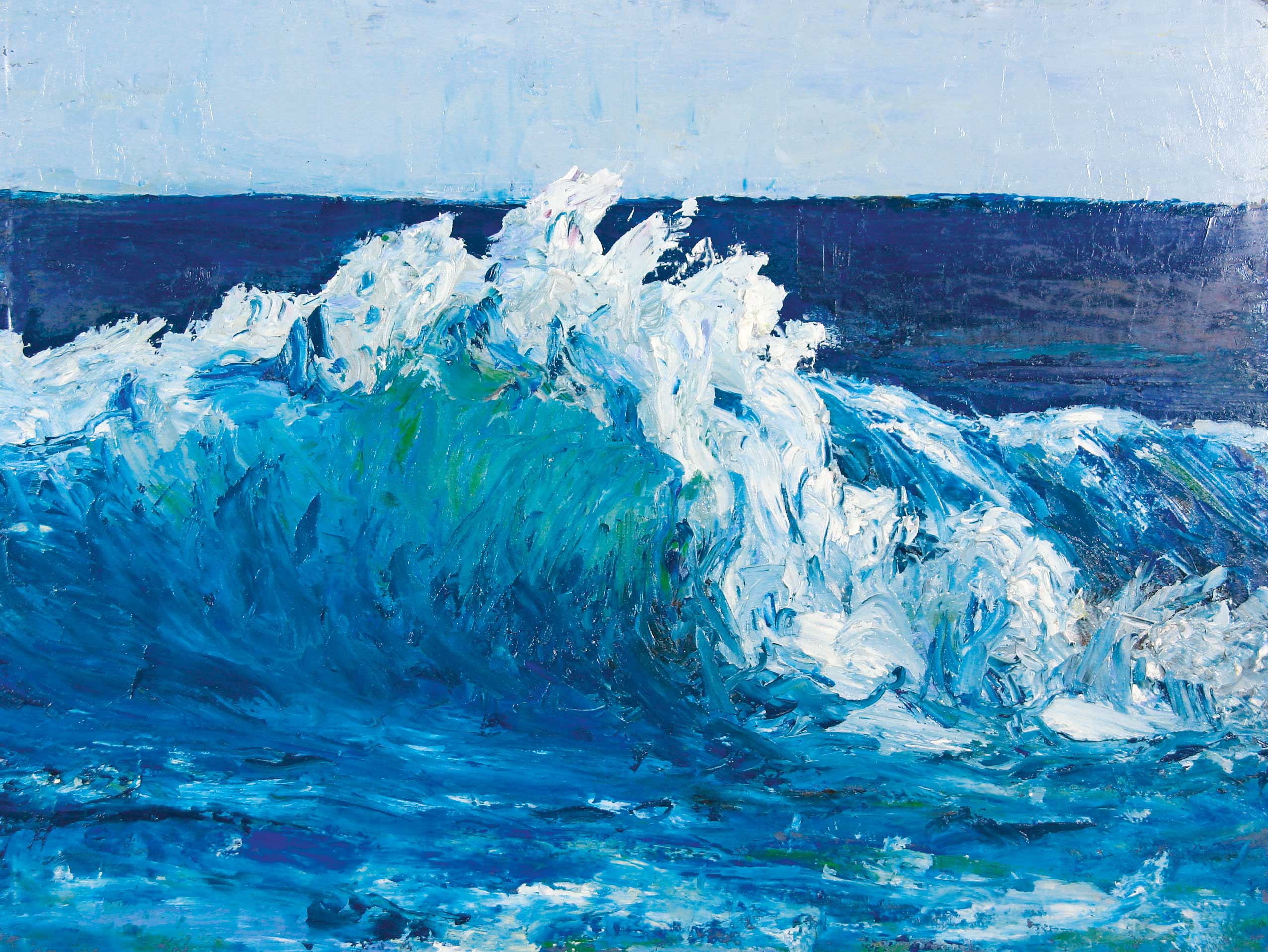 Blau-weiße Struktur, dynamisch, impressionistisch, handgemalt, bunte Pinselstriche, kräftige Farbtöne.