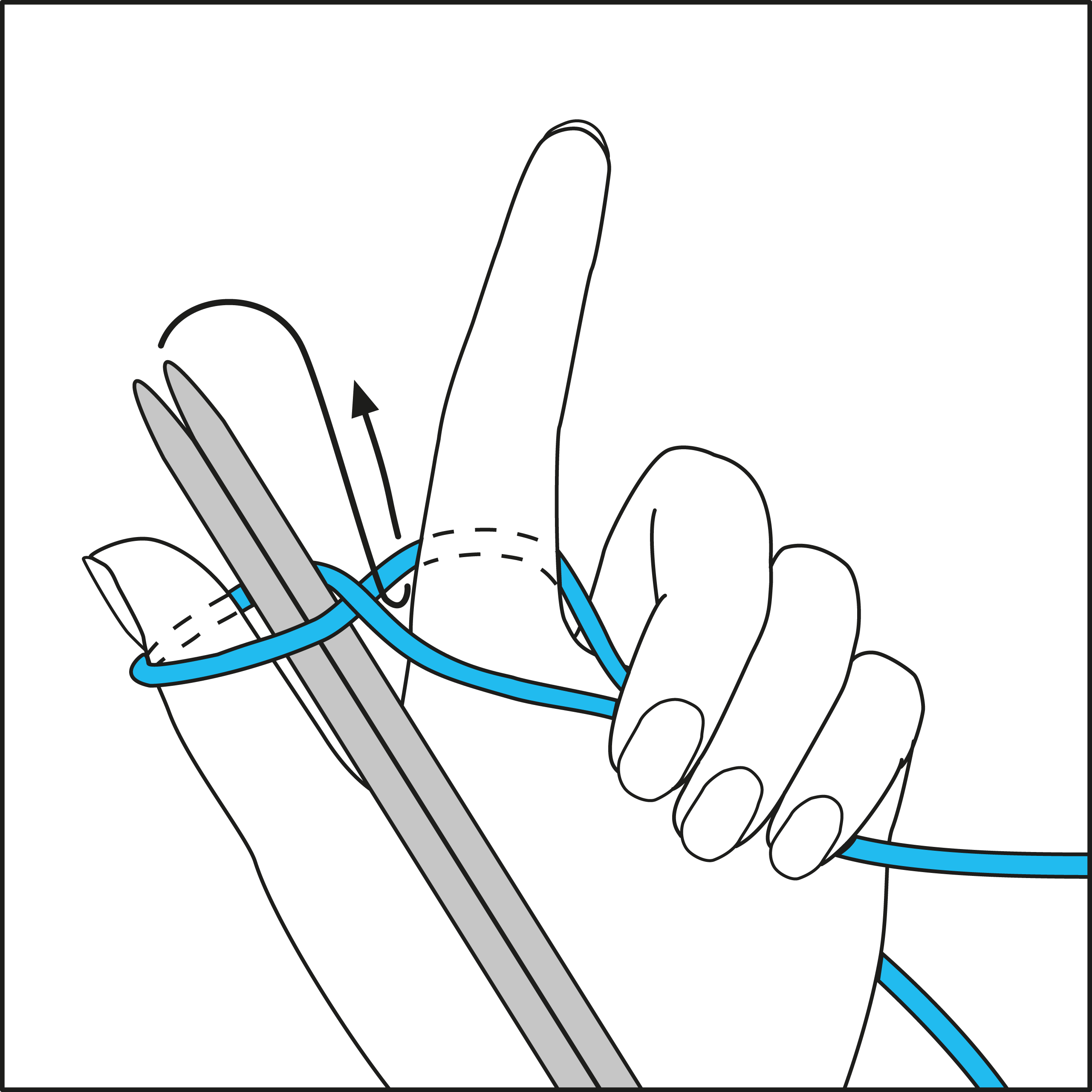 Grafische Anleitung zum Stricken, betont durch kontrastreiche Blau- und Graufärbung. Ideal für Handarbeitsfans.