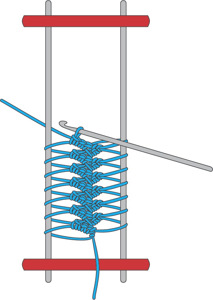 Blaues Webmuster mit grauer Nadel; modisch, handgemacht, kunstvolles DIY-Design.