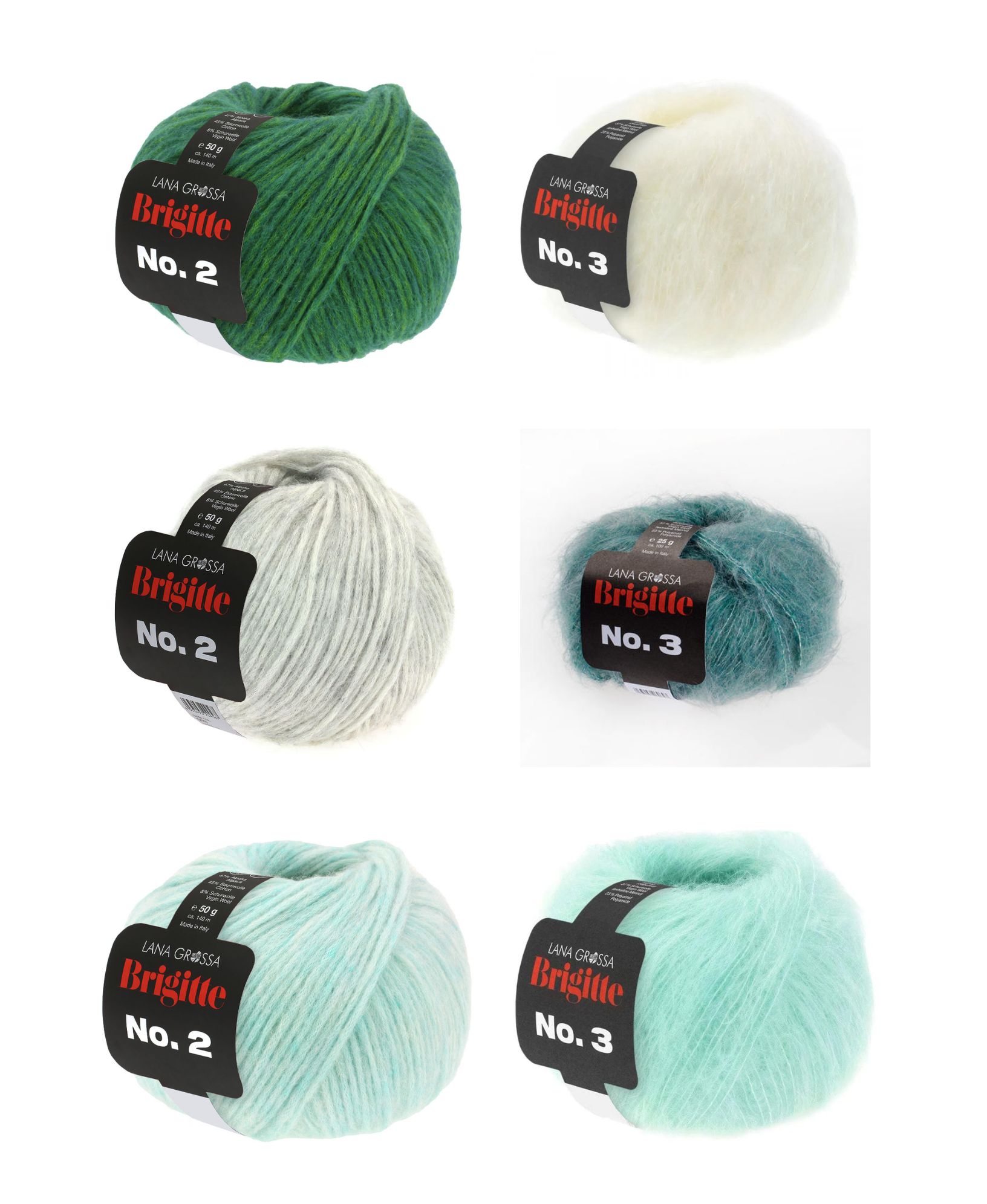 Farbiges Wollgarn in Grün, Weiß und Türkis. Ideal für modische Handarbeiten und DIY-Projekte.