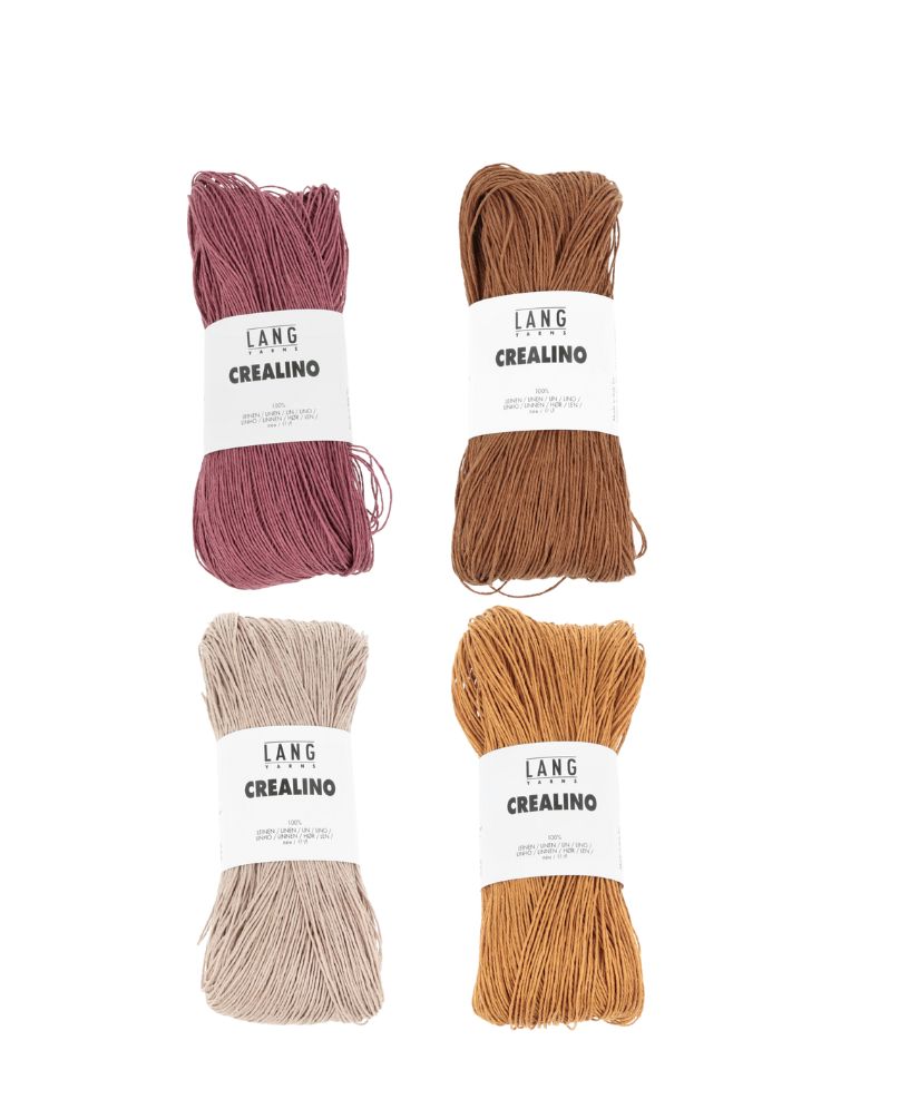 Vier Garnbündel in warmen Erdtönen, handgemacht, ideal für modische DIY-Projekte.