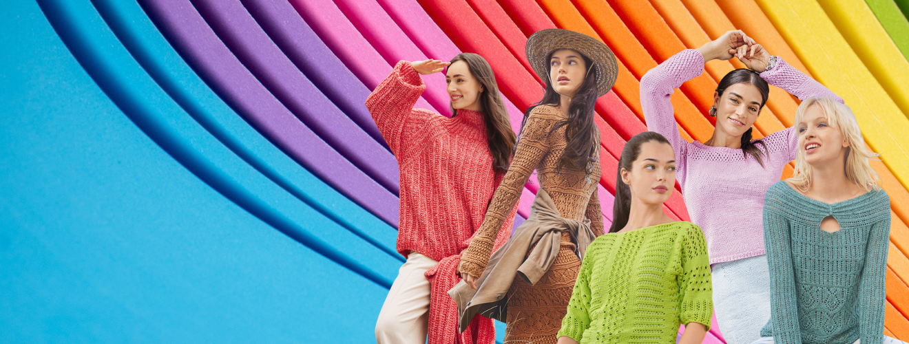 Modische, handgemachte gestrickte Pullover in leuchtenden Farben, einzigartigen Mustern und verschiedenen Schnitten.