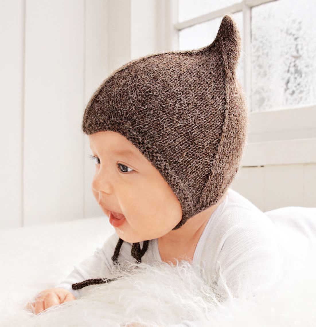 Braune, handgestrickte Mütze mit Zipfel, DIY, modisch für Babys.