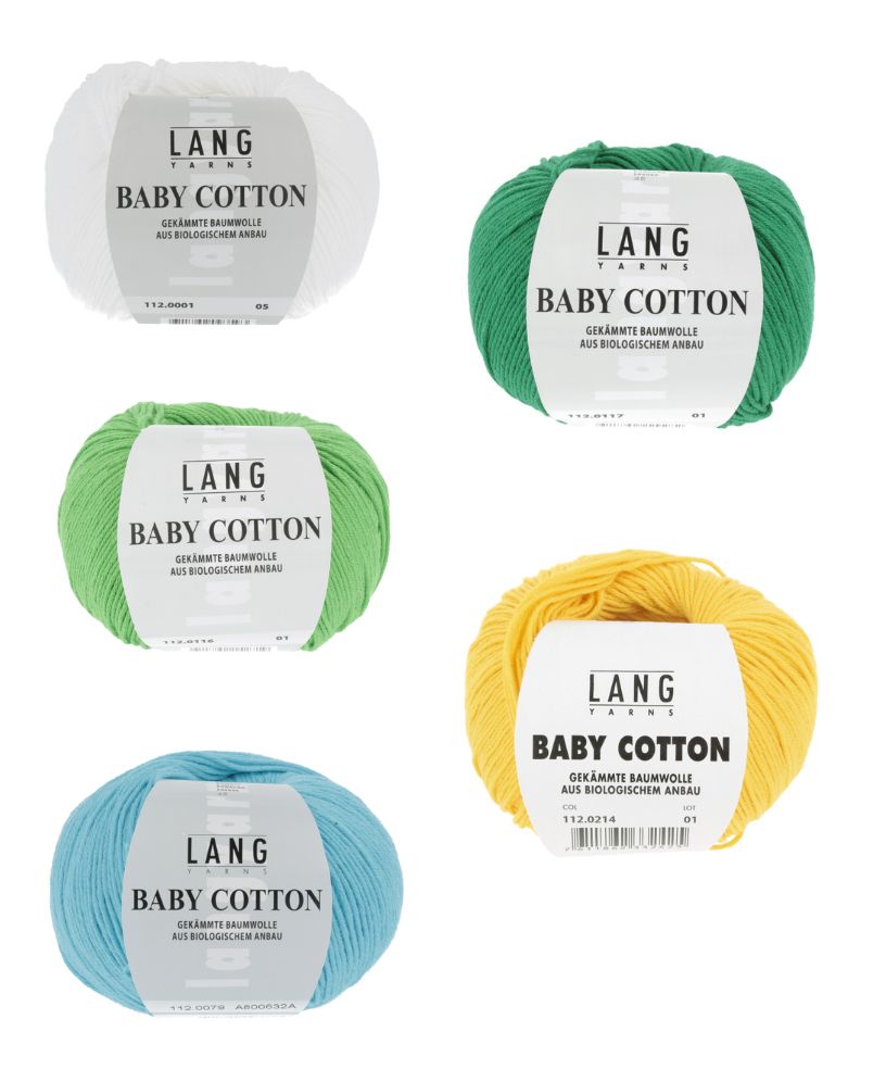 Weiße, grüne, gelbe, blaue Biobaumwollknäuel. Ideal für modische Handarbeiten und DIY-Projekte.