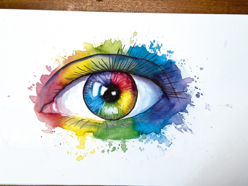 Farbspritzer in Regenbogenfarben formen ein lebendiges, detailreiches Auge. Ausdrucksstark und handgemacht.