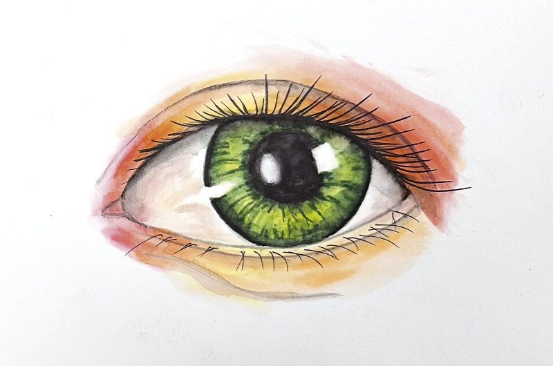 Realistische Darstellung eines Auges in grünen Tönen, handgemalt, faszinierend detailliert.