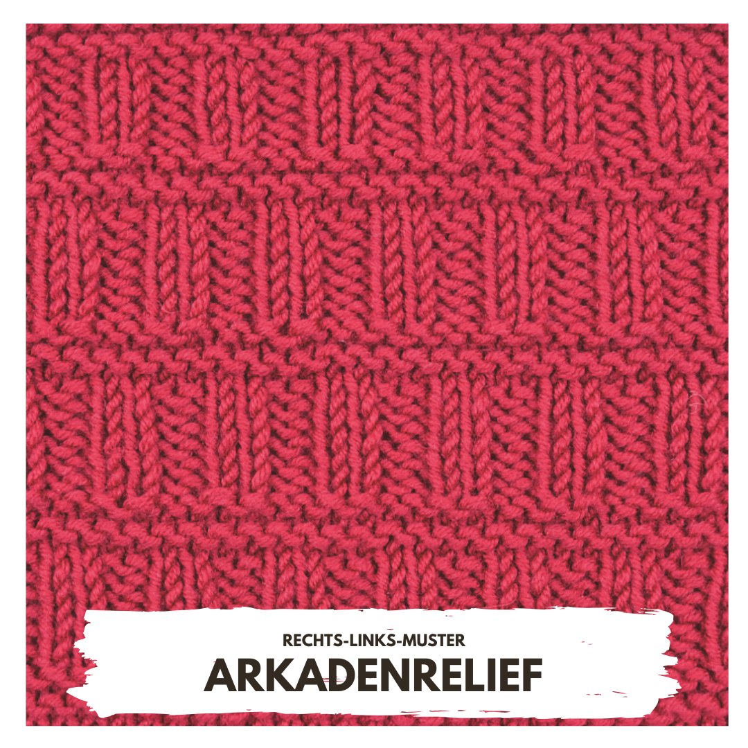 Rotes Strickmuster, Arkadenrelief, rechte und linke Maschen, handgemacht, kreativ, einzigartig, modischer Textil.