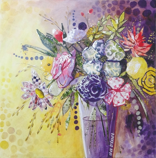 Buntes Blumenmuster auf DIY-Kleid; lebhafte Farben, abstrakte Designs, handgemacht, modisch.
