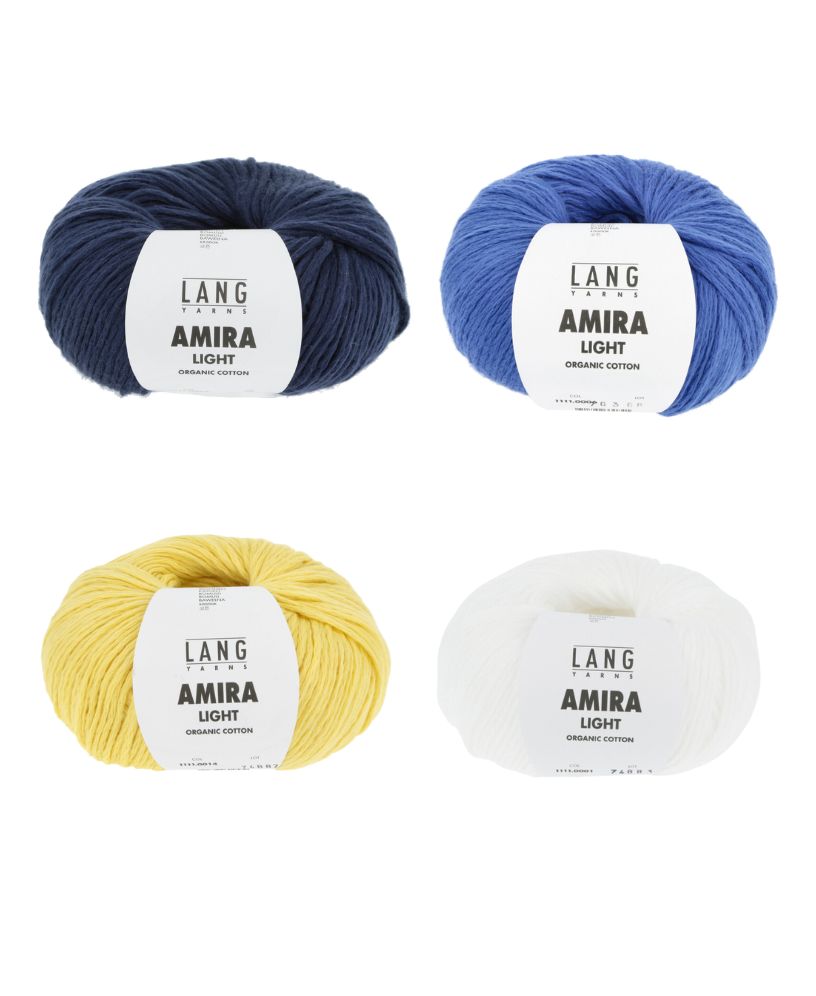Vier Knäuel Bio-Baumwollgarn in Blau, Hellblau, Gelb, Weiß. Perfekt für kreative, handgemachte DIY-Projekte.