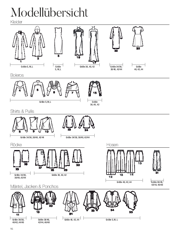 Stilvolle Designs mit klaren Linien, inkl. DIY-Optionen wie Kleider, Boleros, Röcke, Hosen und Mäntel.