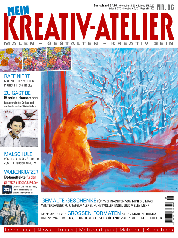 Lebendiger orangefarbener Malstil, eindrucksvolle Kontraste, winterliches Fensterbild, handgemacht, selbstgemalt.