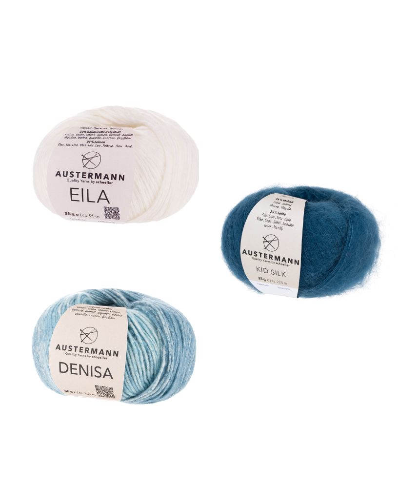 Weißes, blaues und türkises Garn, ideal für modische DIY-Projekte in Handarbeit.