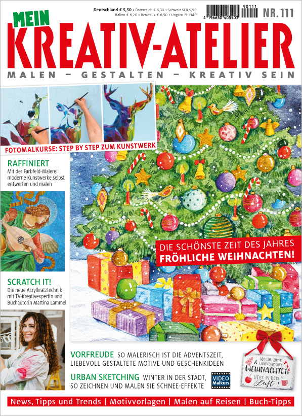 Bunt gemusterter Baum, glänzende Kugeln, handgemachte Geschenke in leuchtenden Farben. Kreatives Design.