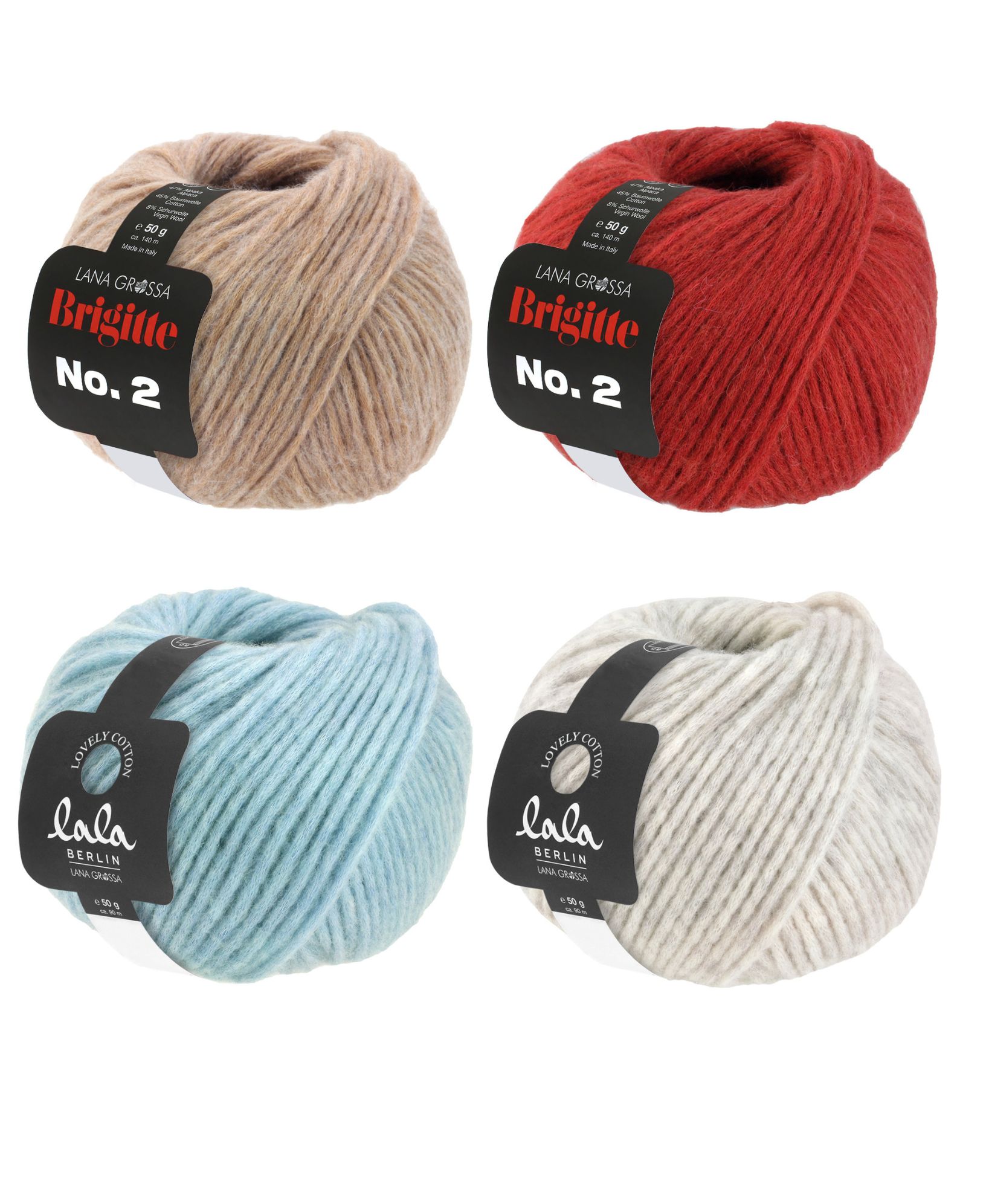 Vier Wollknäuel in Beige, Rot, Blau und Grau. Perfekt für handgefertigte, modische Textilkreationen.