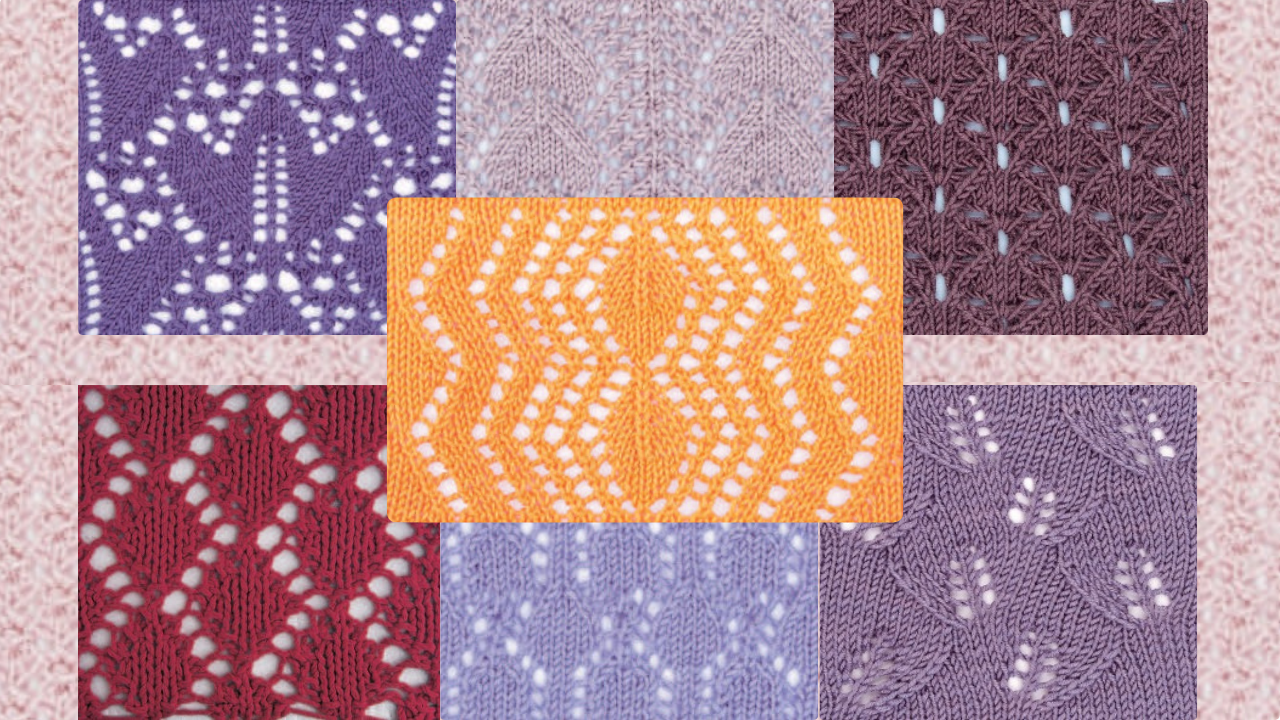 Bunte Strickmuster in Lila, Rot und Orange. Handarbeit, DIY, dekorativ und modisch. Elegante Lochmuster.