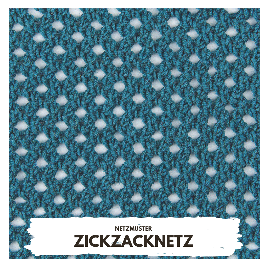 Türkises Netzgeflecht, handgemacht, auffälliges Zickzackmuster, modisch, kunstvoll gestrickt, DIY-Optik.