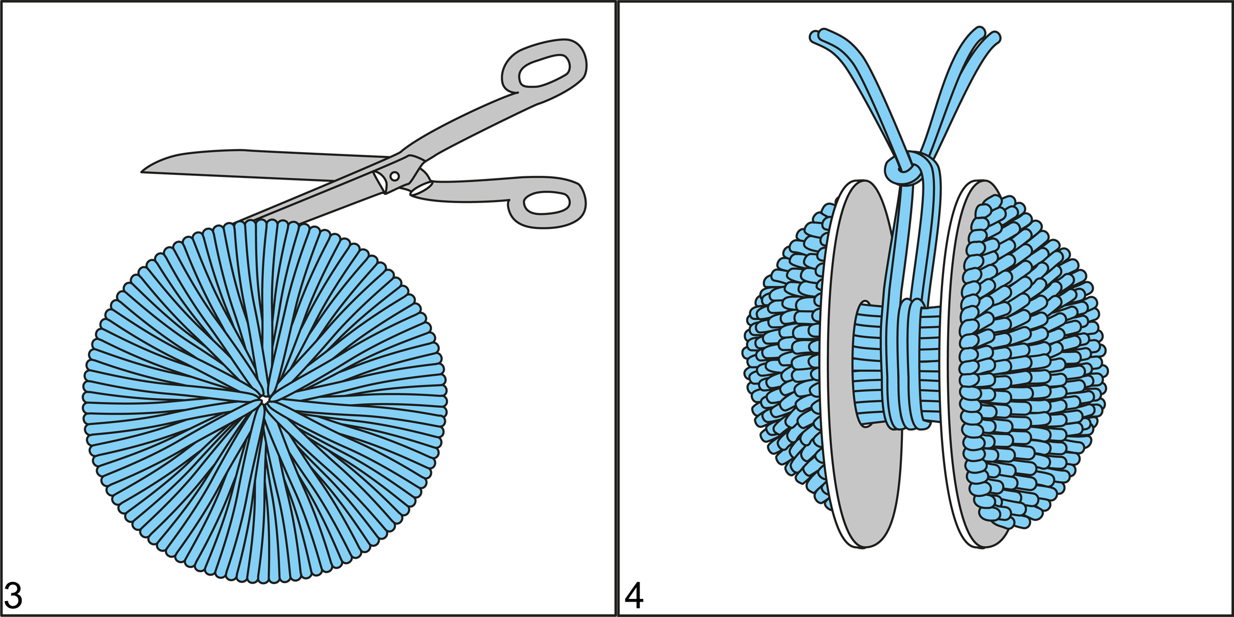 Blauer selbstgemachter Pompon, rund und dicht; handgefertigt, ideal für modische Bastelprojekte.