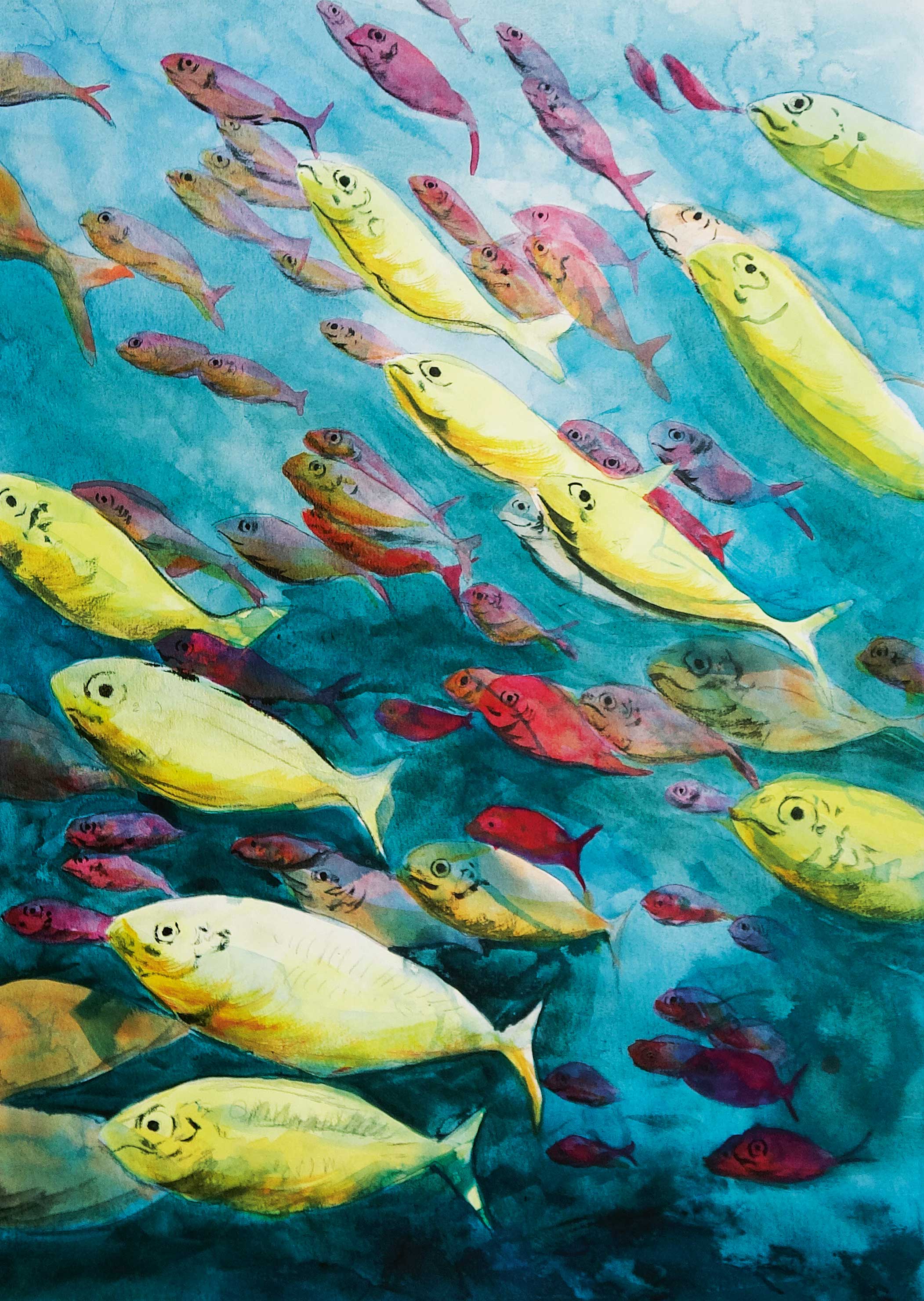 Lebendige, farbenfrohe Fische in Gelb und Rot. Kreativer Mix aus Mustern, handgemacht, aquarellartig.