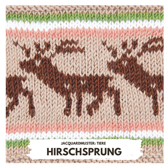 Handgestricktes Jacquardmuster in Beige, Braun, Grün. Tiermotiv, kontrastreich, rustikal, diy.