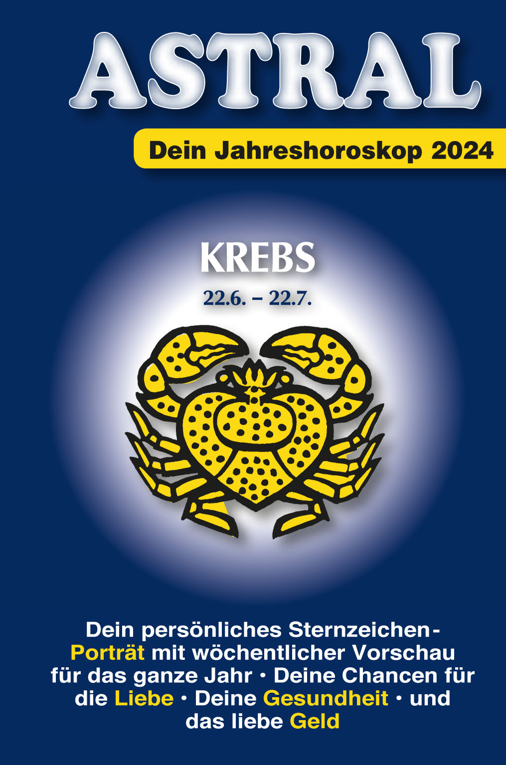 Blau-gelber Look, kräftige Typografie, markantes Krebsmuster, kontrastreiche Farbgebung.