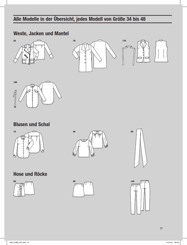 Elegante Linien, klare Schnitte; vielfältige Jacken, Mäntel, Blusen und Röcke in DIY-Fashion.
