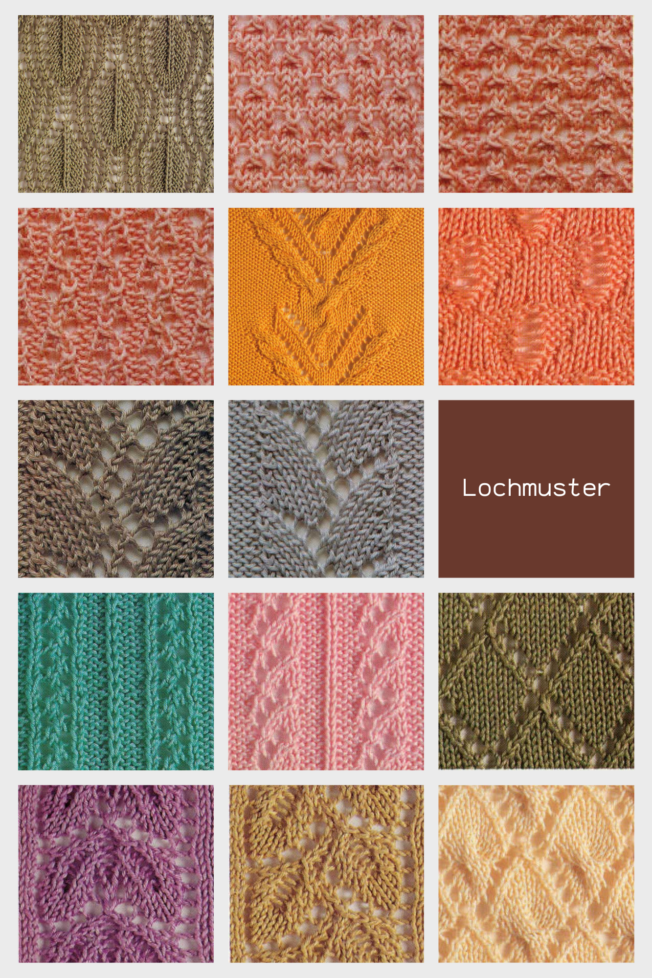 Bunte Strickproben mit Lochmuster; handgemacht, detailreich, modisch, kunstvoll, diy, handarbeit.