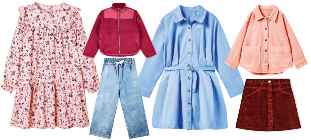 Floralemuster Kleid, roter Fleece-Pullover, blaue Oversize-Jacke, Jeans, Cordjacke & Rock, modisch, handarbeit.