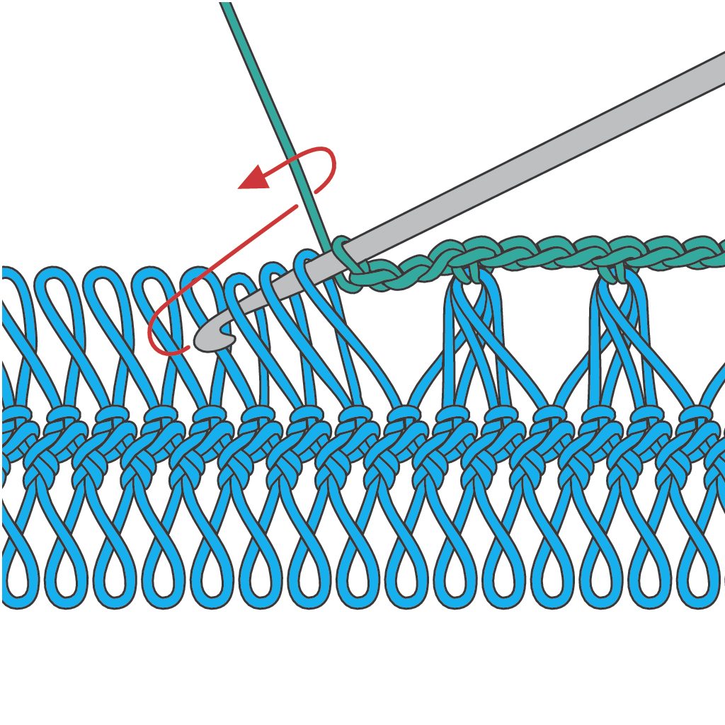 Blaues, selbstgemachtes Häkelmuster mit komplexer Maschenführung. Modisches Handarbeitsdesign.