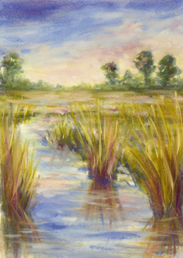 Weiche, fließende Farbtöne in Blau und Grün, impressionistischer Stil, handgemacht, kreatives Design.