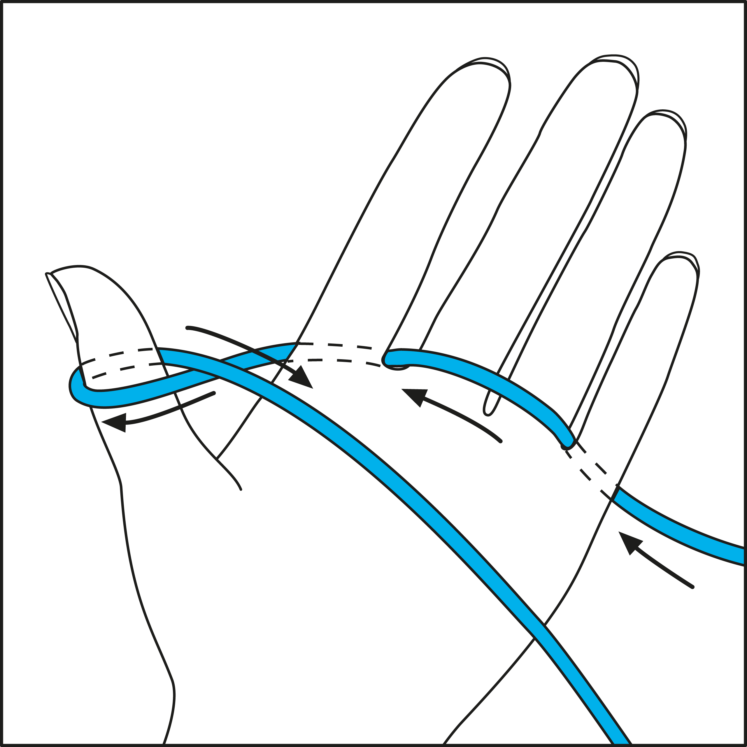 Blaues Garn schlängelt sich kreativ um Hand; ideal für handgemachte, DIY-Strickprojekte. Modisch und einzigartig.