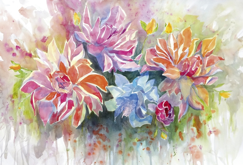 Leuchtende Blumen in lebendigen Aquarellfarben. Künstlerisch handgemalt, betont Farbenvielfalt und Eleganz.