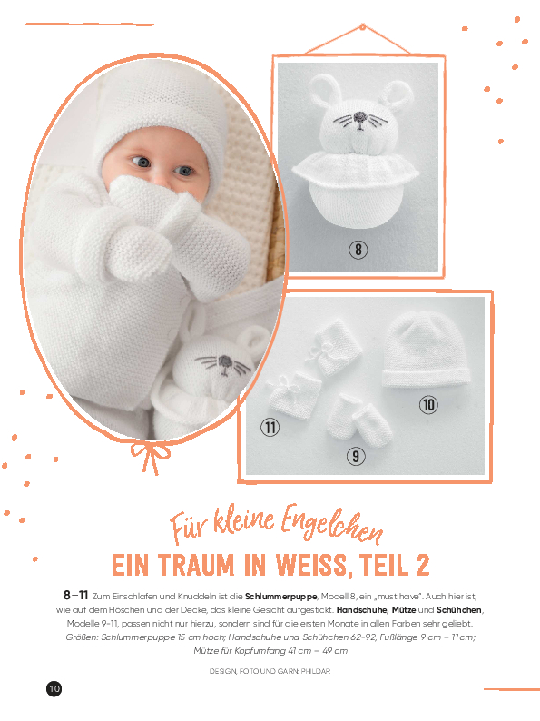 Handgemachtes weißes Set: gestrickte Mütze, Handschuhe, Schühchen; zart und weich. DIY-Chic für Babys.